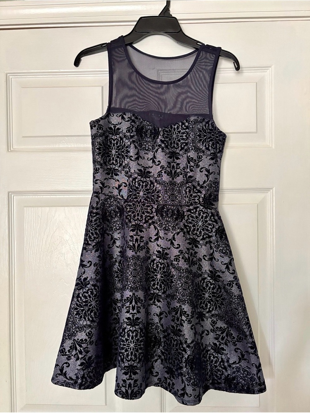 Blue Velvet-Print Fit & Flare Dress with Sheer Yoke